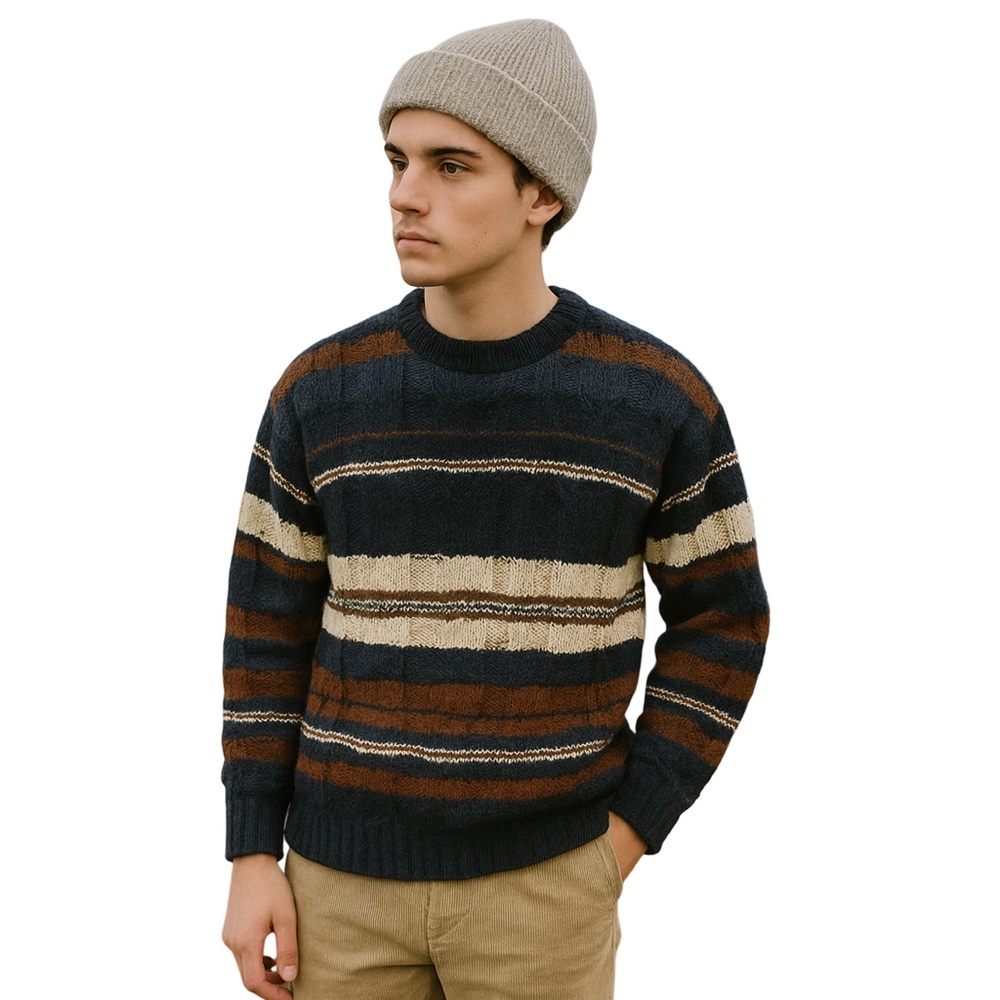100% Cotton Cable Knit Striped Sweater Navy, Brown, Cream Cottage Core Fisherman